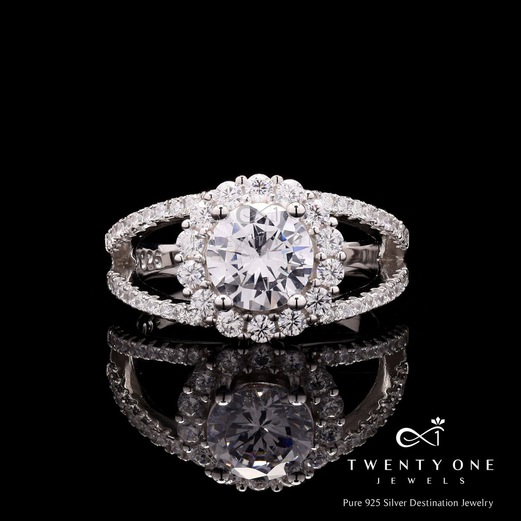 1.5 Carat Round Cut Solitaire Dilicia Ring with Diamond Halo on Pure 925 Silver