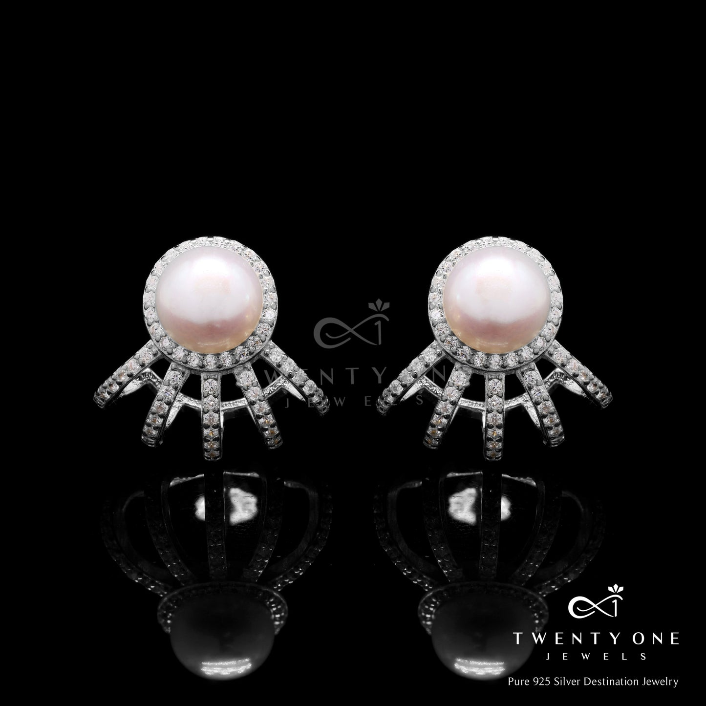 Fresh Water Pearl Crown Earrings on Pure 925 Silver (White Gold Finish)