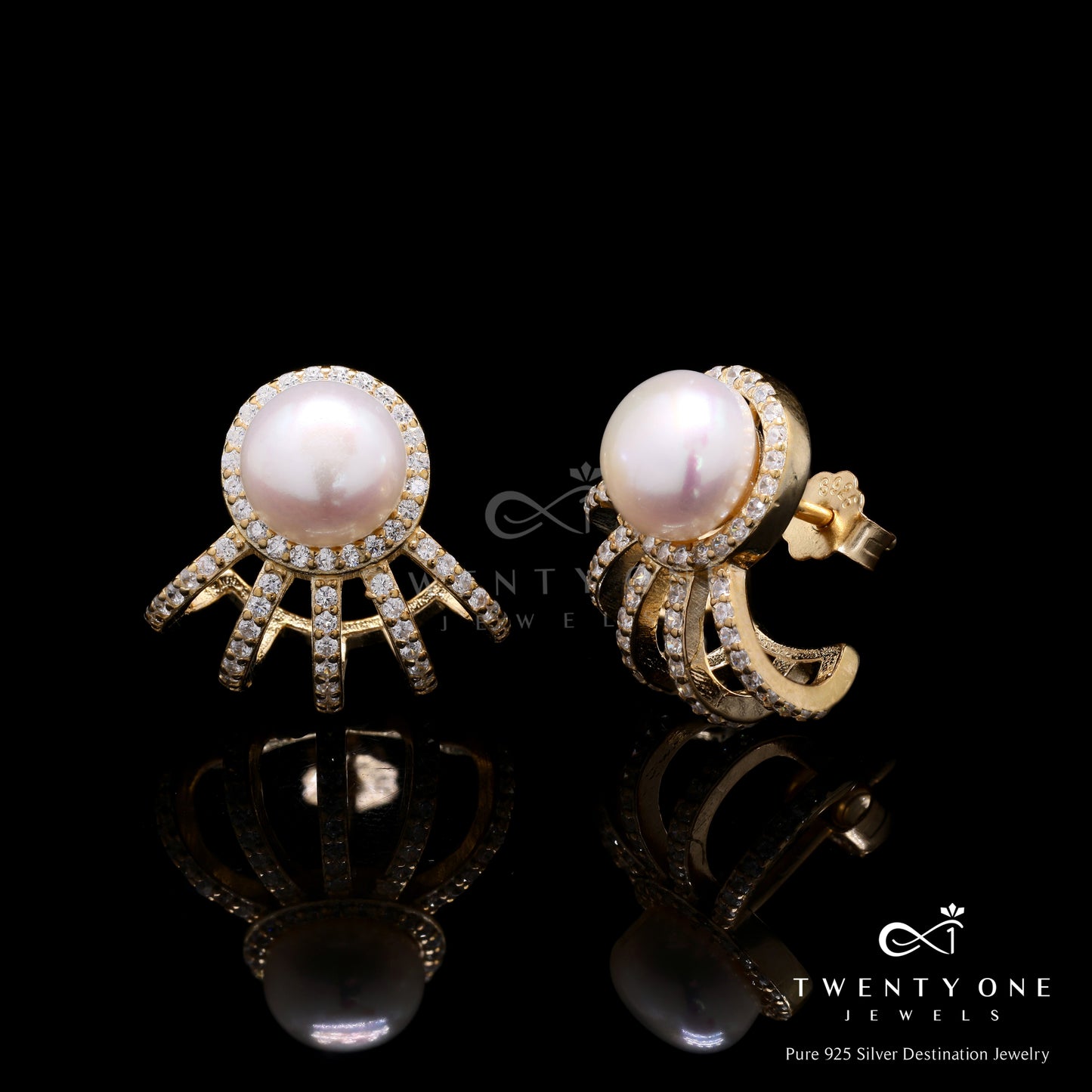 Fresh Water Pearl Crown Earrings on Pure 925 Silver (Gold Finish)