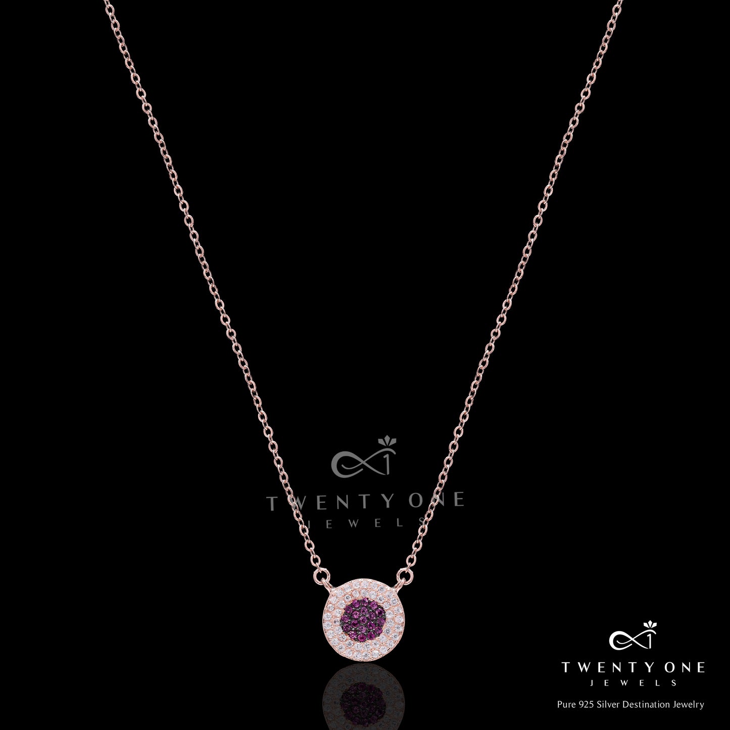 Rose Gold American Diamond studded with center Ruby Alina Pendant with Chain on Pure 925 Silver