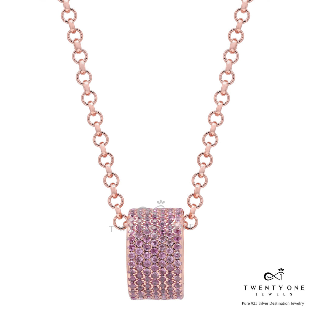 Chunky Rose Gold Diamond Studded 7 Line Romina Barrel Pendant with Chain on Pure 925 Silver